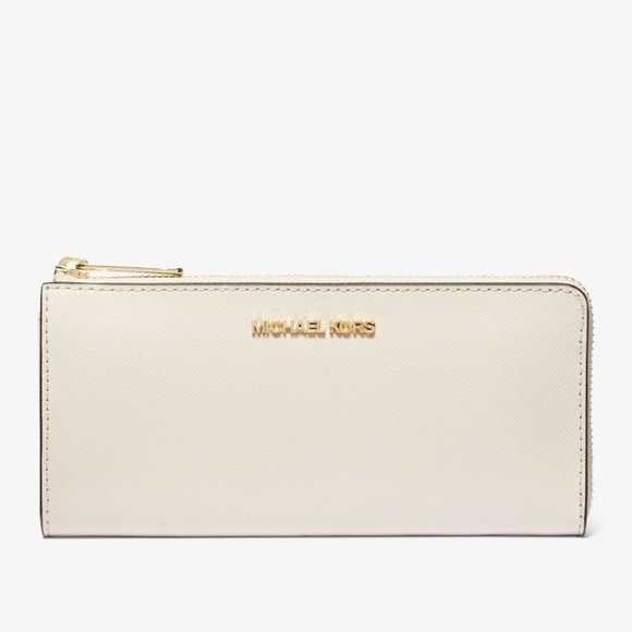 New Michael Kors Jet Set Travel Large Leather Quarter-Zip Wallet Light Cream - Picture 1 of 2